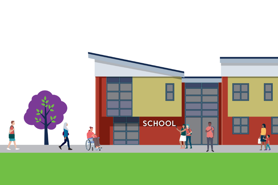 Illustration of a modern school building with a sign reading "School." Diverse students and a person in a wheelchair are outside, evoking an inclusive, welcoming atmosphere.