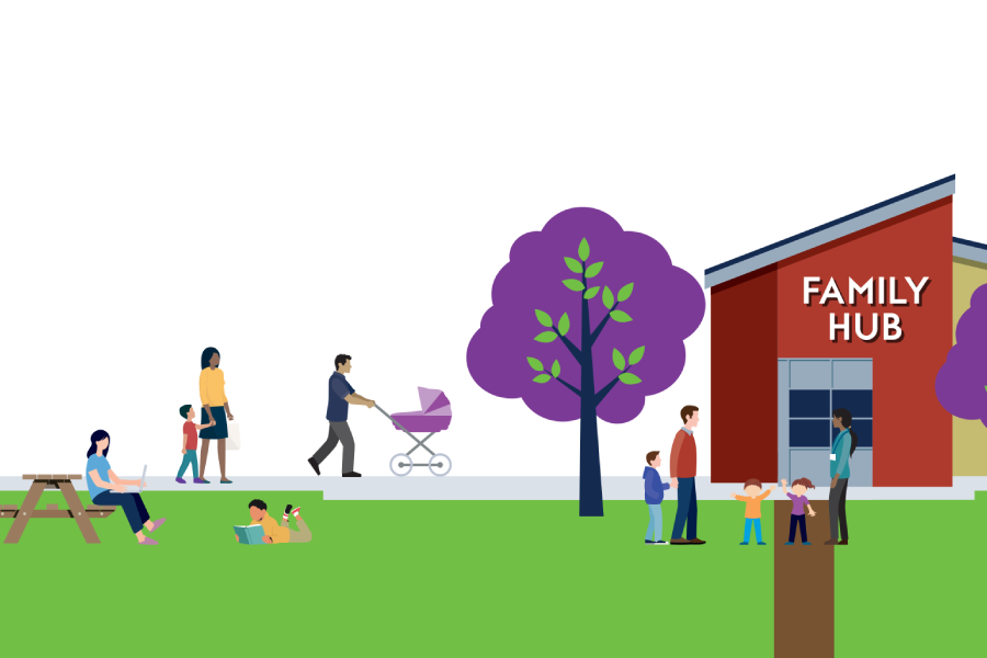 Illustration of a vibrant park scene with diverse families. A person works on a laptop at a picnic table, others stroll with children. Nearby, a vibrant tree and a red building labeled "Family Hub" suggest a welcoming community center.