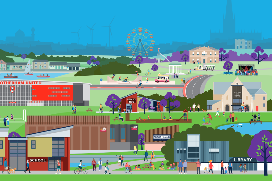 Colorful illustration of a bustling town with people engaging in various activities. Features a stadium, school, family hub, library, and a ferris wheel. Lively and vibrant atmosphere.