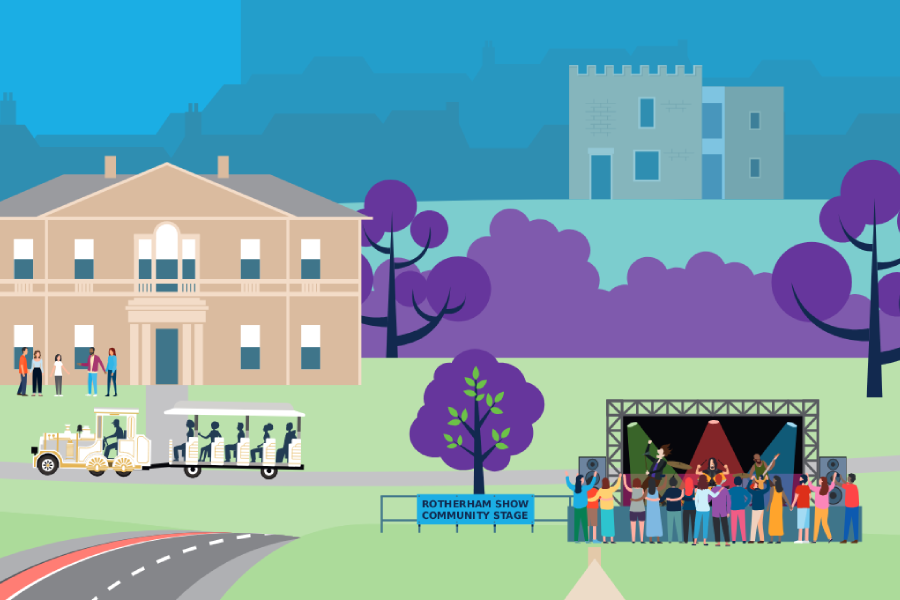 Illustration of Rotherham Show features a community stage with a band, an audience, and a historic building. A tourist train passes by; vibrant, lively scene.
