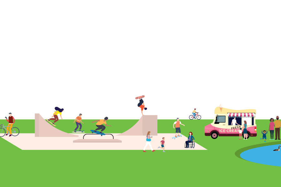 A lively park scene with people skateboarding on a ramp, kids cycling, families enjoying ice cream from a truck, and a pond nearby. Atmosphere is joyful and active.